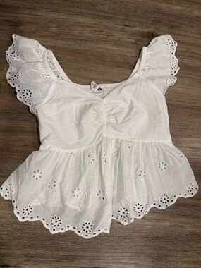 White Cotton Eyelet Peplum Women's Top